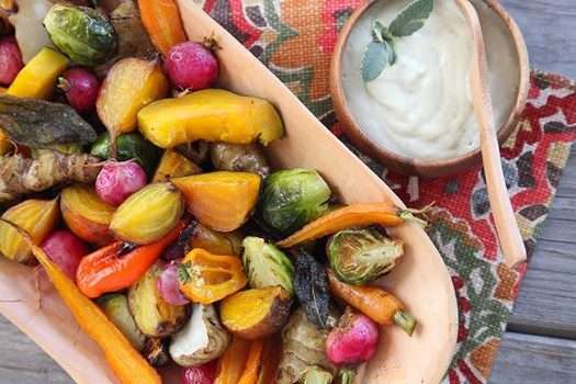 Roasted Root Vegetables with Garlic Dip